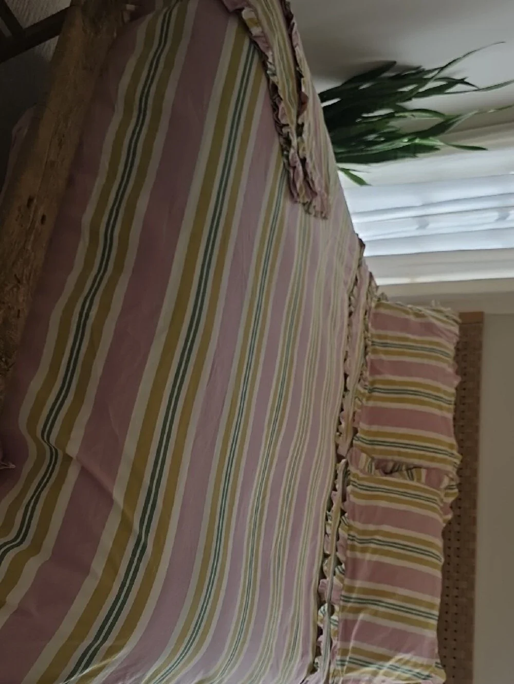 Anthropologie King stripe Ruffle Duvet Cover & Shams in Pink, Green & Mustard